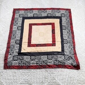 Atelier H Silk Scarf Red Black Tan Geometric Tile Print Hand Rolled Vintage Chic